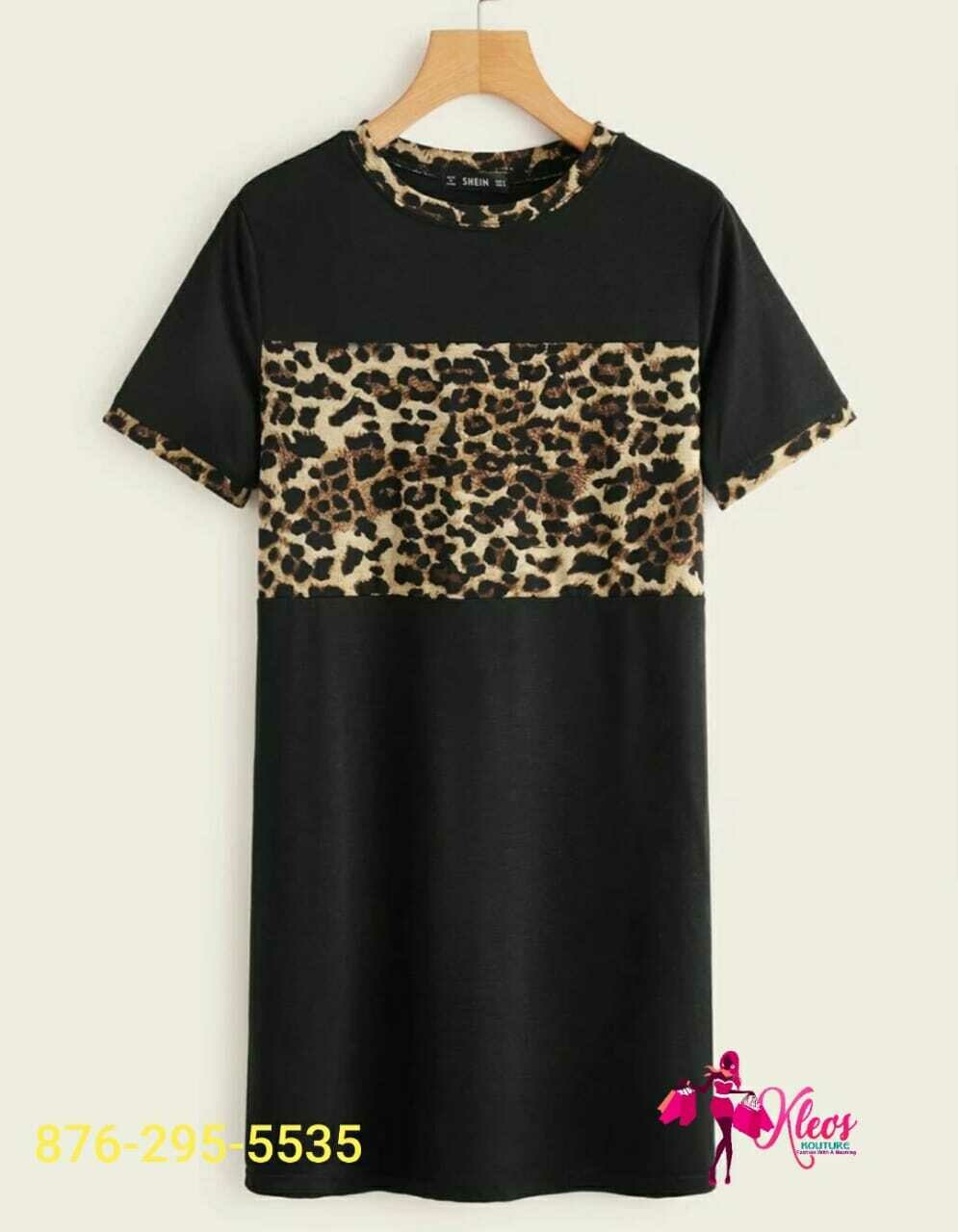 Contrast Trim Leopard Panel Tee Dress