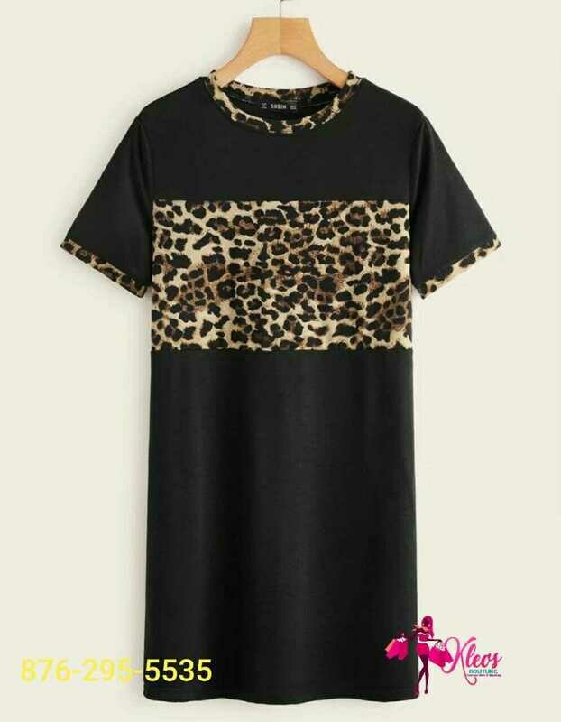 Contrast Trim Leopard Panel Tee Dress