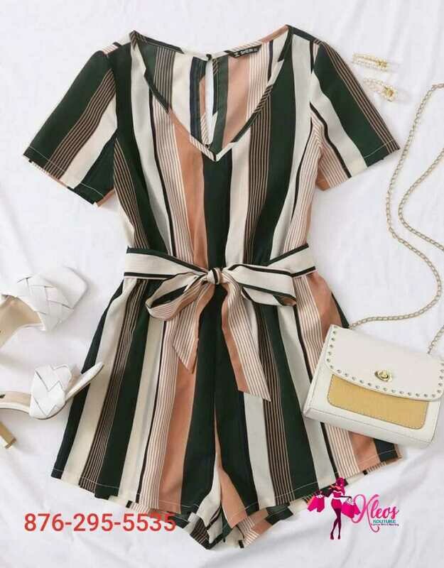 Keyhole Back Self Belt Striped Romper