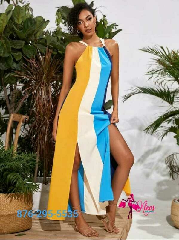 Tie Back M-Split Hem Color Block Dress