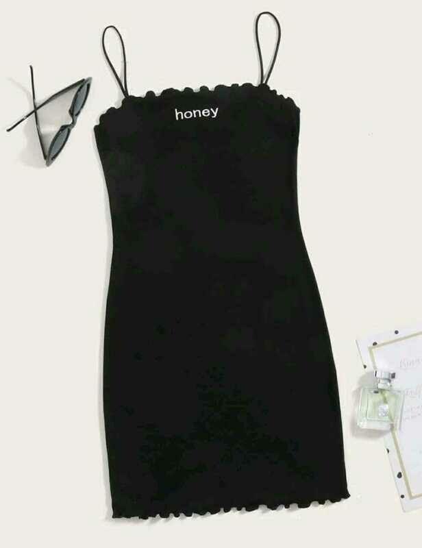 Letter Embroidery Lettuce Trim Slip Dress