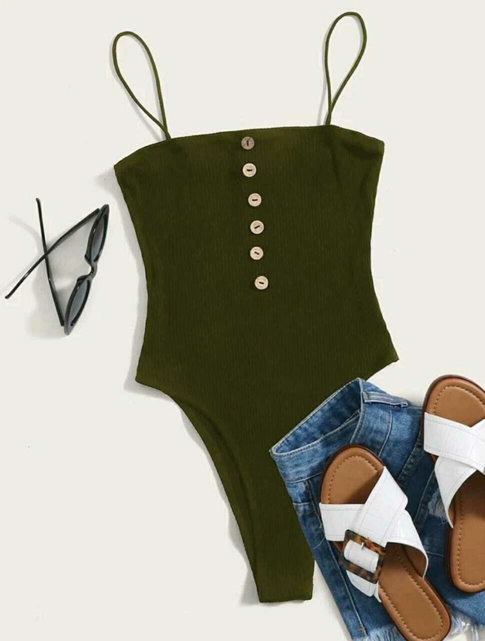 Button Rib Knit Cami Bodysuit