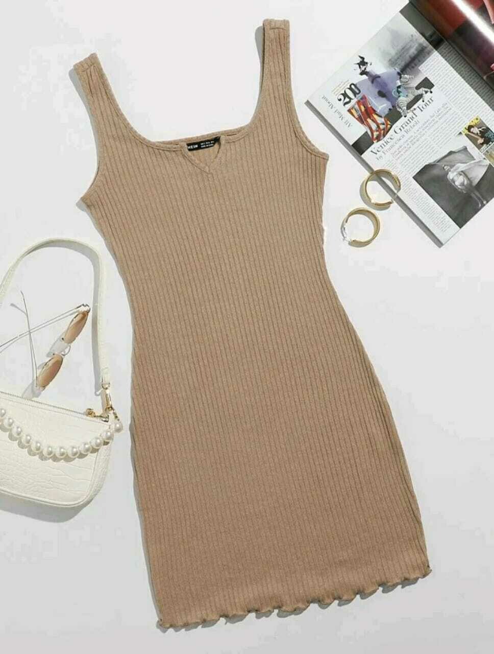 Notched Lettuce Trim Rib-Knit Dress