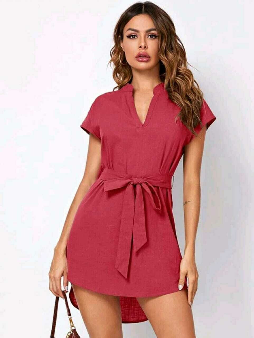 Notch Neck Dolman SleeveDip Hem Self Belted Dress