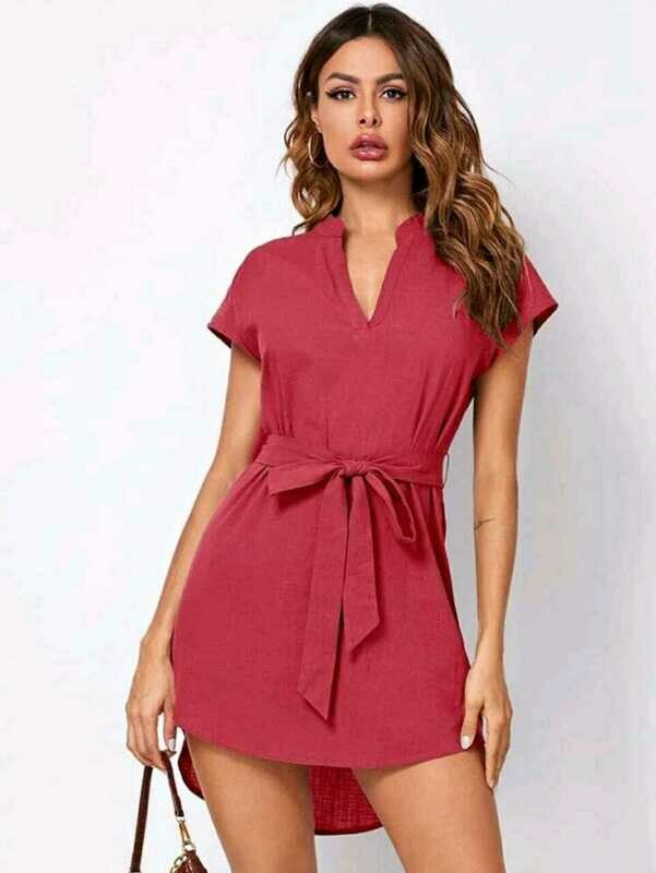 Notch Neck Dolman SleeveDip Hem Self Belted Dress