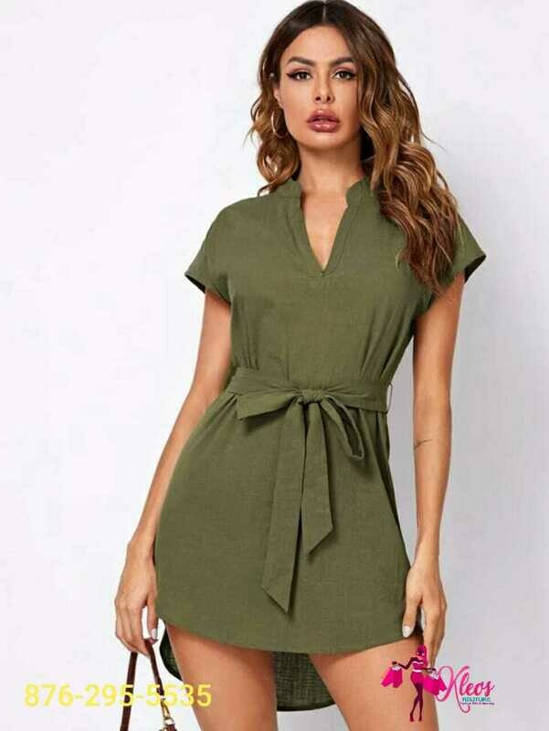 Notched Self Neck Belted Curved Hem Dress