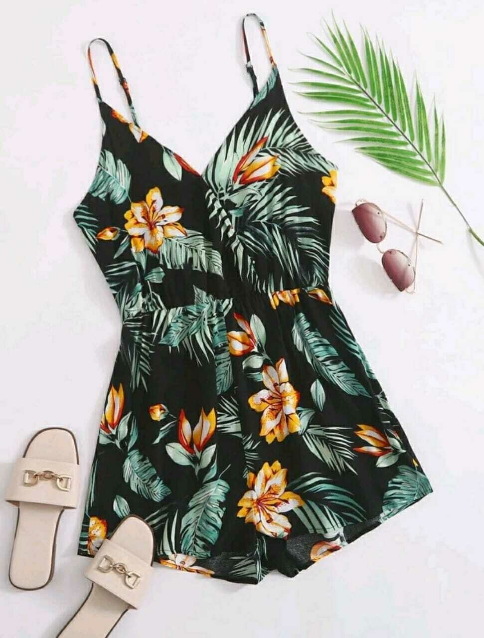 Surplice Neck Tropical Print Slip Romper