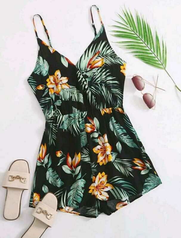 Surplice Neck Tropical Print Slip Romper