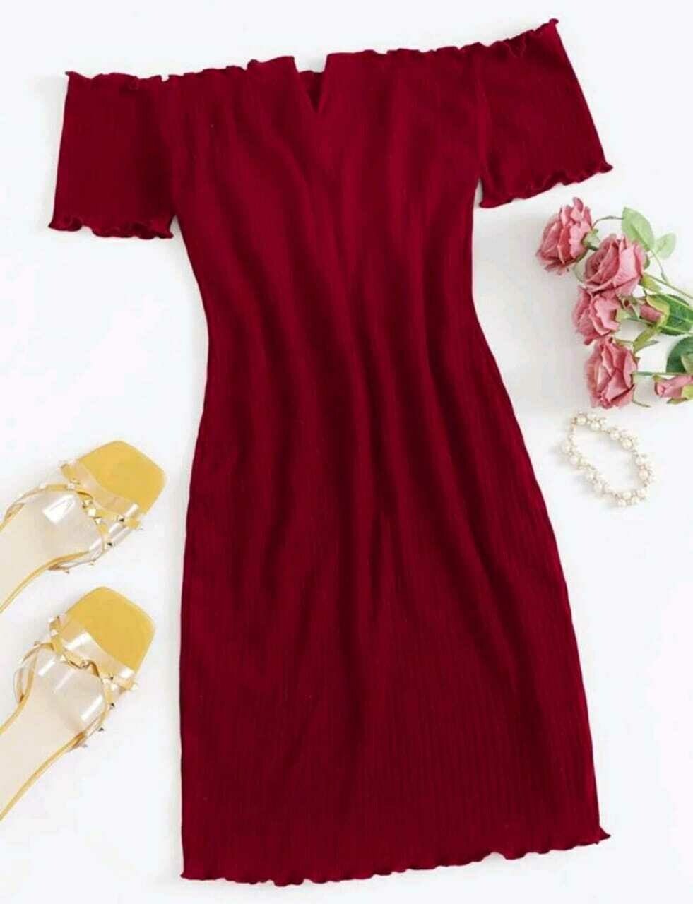 V-Bar Off Shoulder Lettuce Edge Dress
