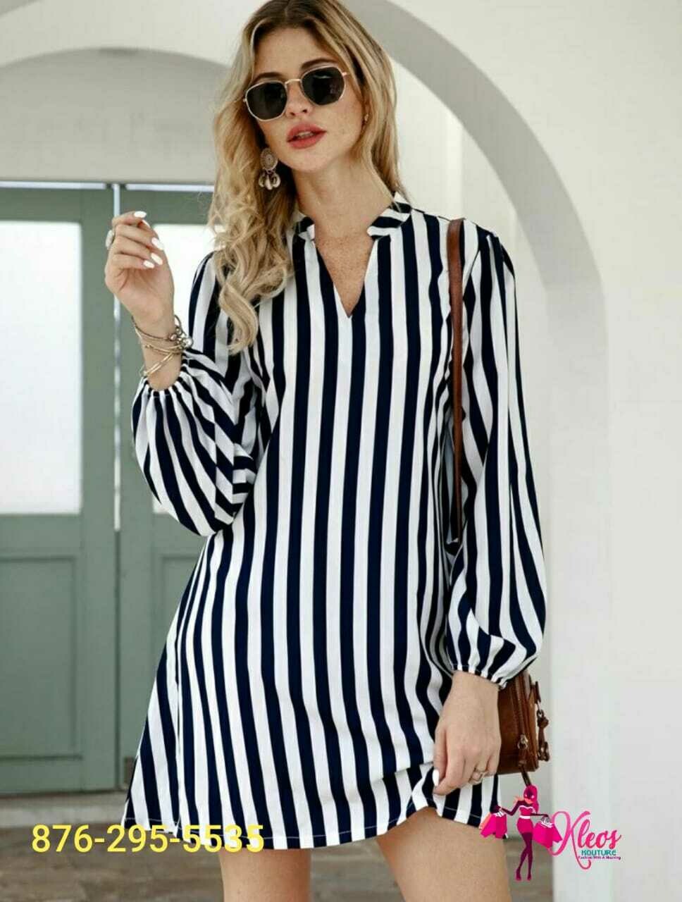 Striped Split Neck Mini Dress