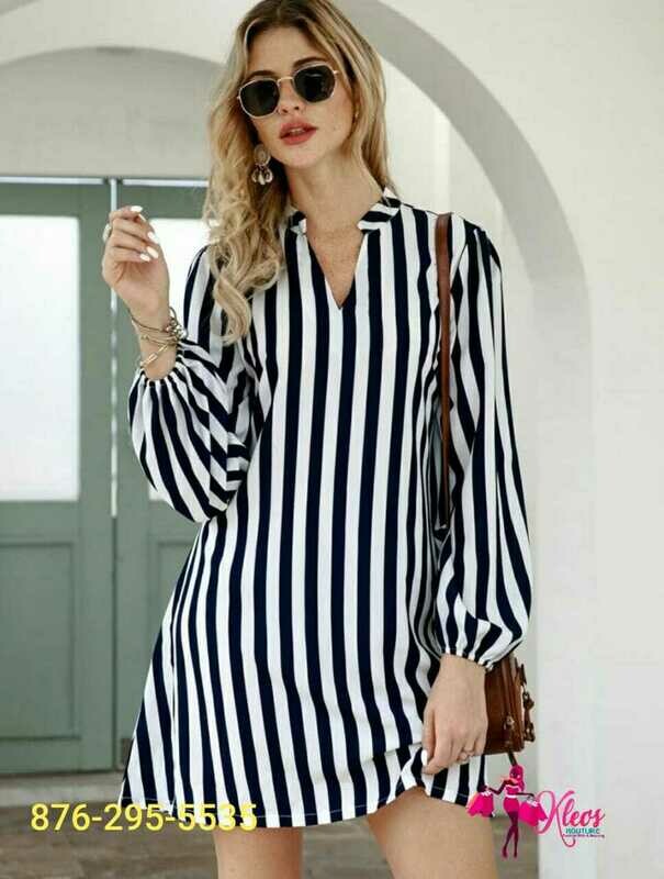 Striped Split Neck Mini Dress
