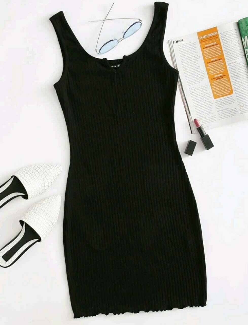 Notched Neck Rib-Knit Lettuce Hem Bodycon Dress