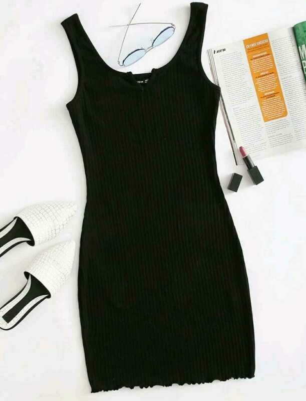 Notched Neck Rib-Knit Lettuce Hem Bodycon Dress