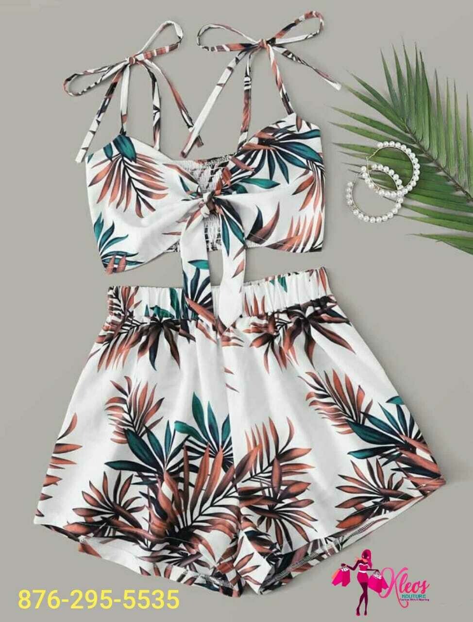 Tropical Print Tie Shoulder Chirred Cami Top with Shorts