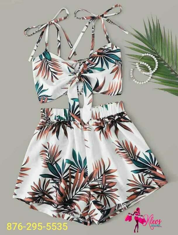 Tropical Print Tie Shoulder Chirred Cami Top with Shorts