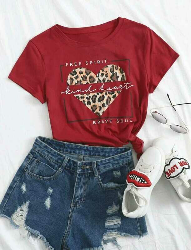 Leopard Heart &amp; Slogan Graphic Tee
