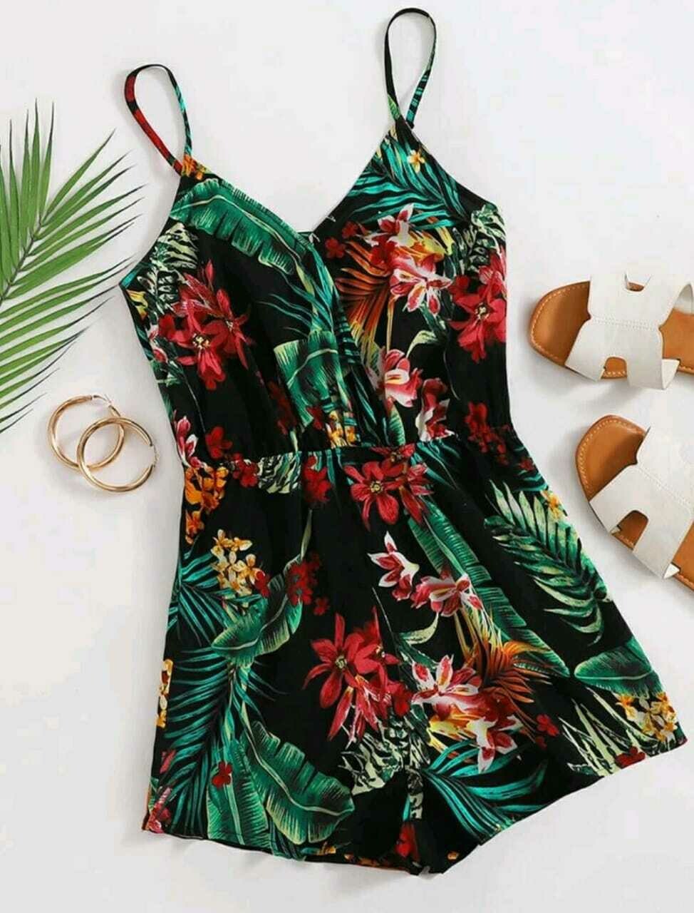 Tropical Print Spaghetti Neck Romper