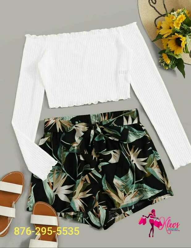 Off The Shoulder Crop Top &amp; Tropical Shorts Set