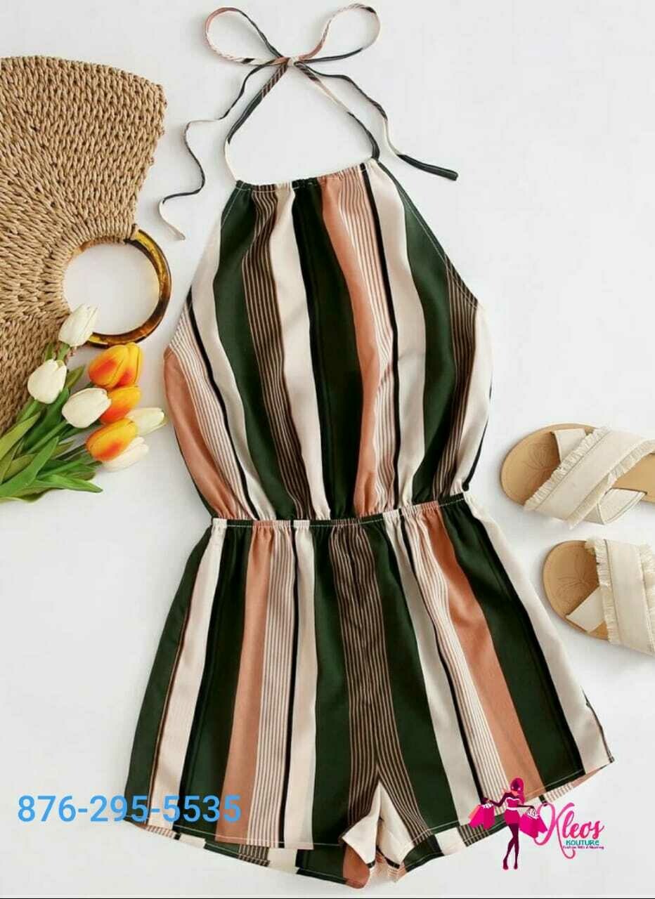 Tie Back Striped Halted Romper