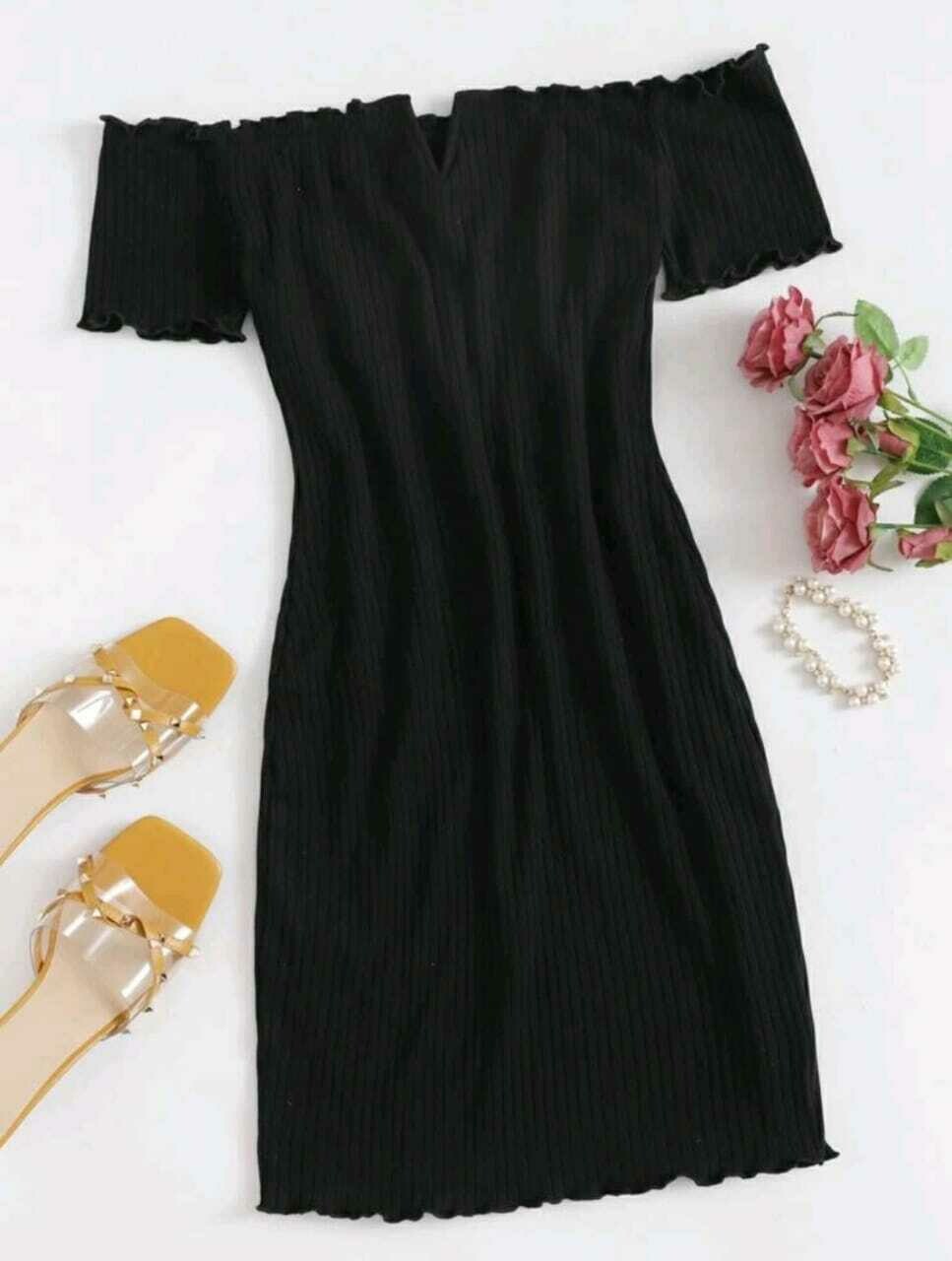 V-Bar Off Shoulder Lettuce Edge Dress