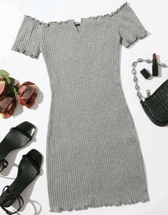 Off Shoulder Notched Neck Lettuce Trim Dress