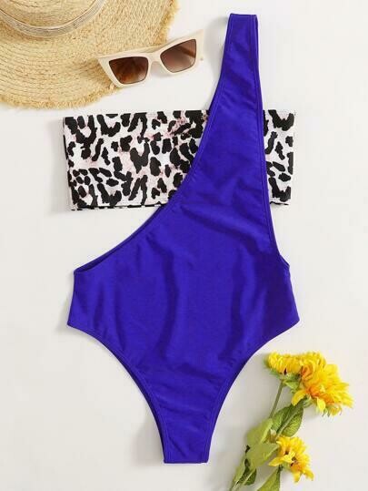 Leopard Colorblock Asymmetric One Piece Swimsuit