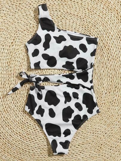 Cow Print One Shoulder One Piece Swimsuit