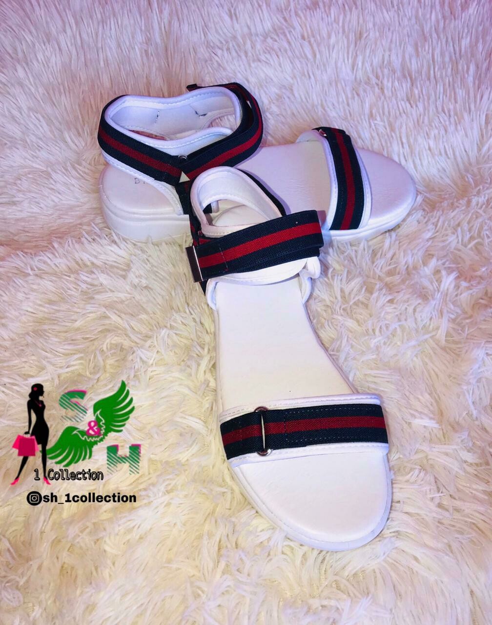 White Sandals with Red/Black Stripe Straps