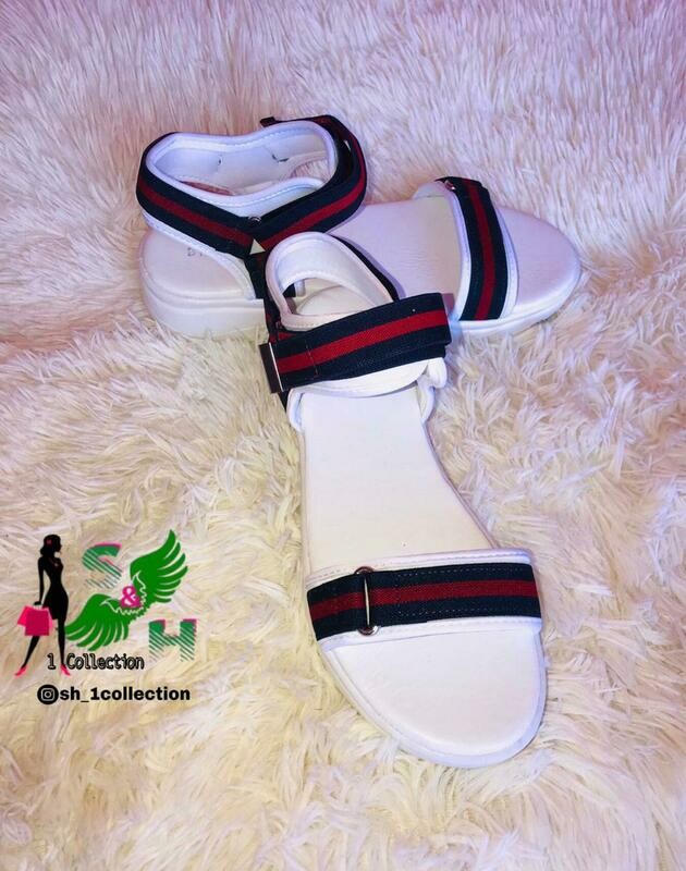White Sandals with Red/Black Stripe Straps