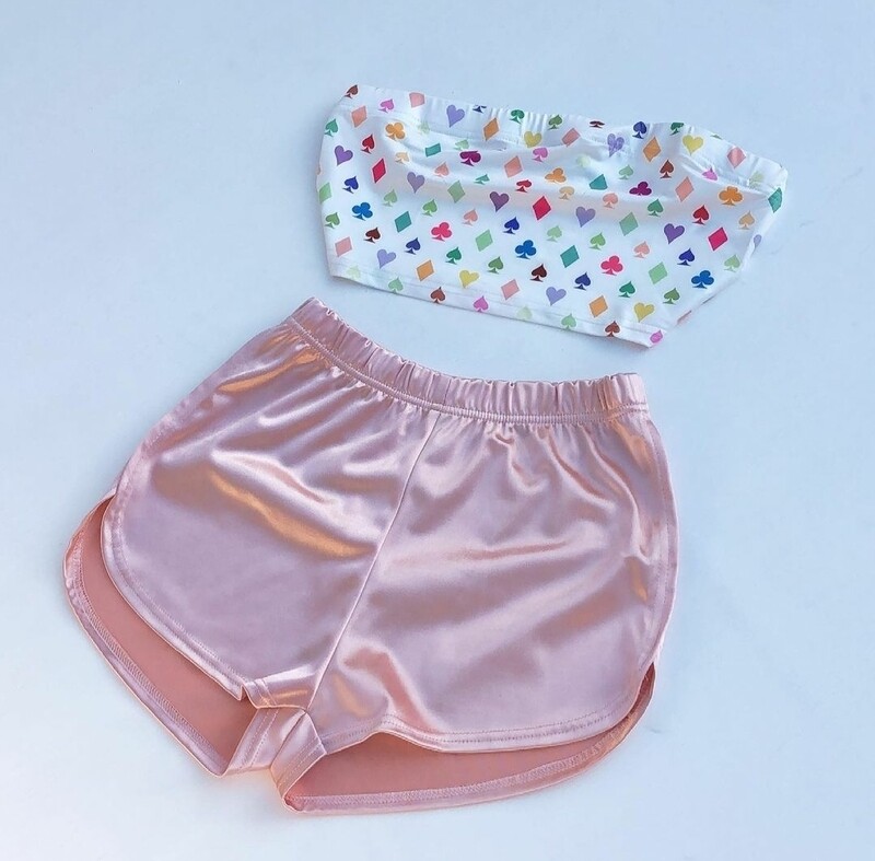Polka Dot Tube Top and Pink Satin Shorts Set