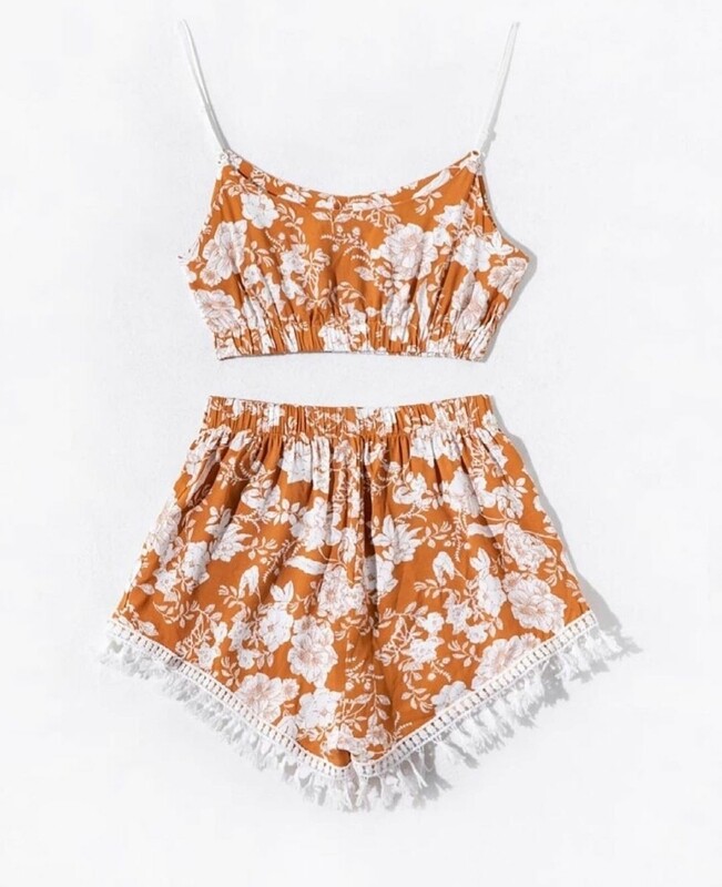 Floral Crop Top and Ruffled Shorts Set