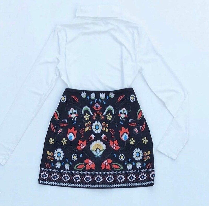 Turtle Neck and Embroidered Skirt Set