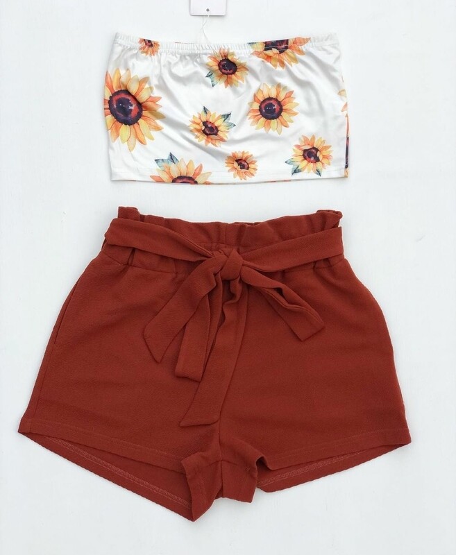 Floral Tube Top Belted Shorts Set