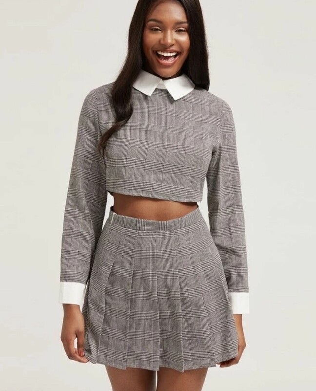 Long Sleeved Crop Top and Pleated Skirt Set