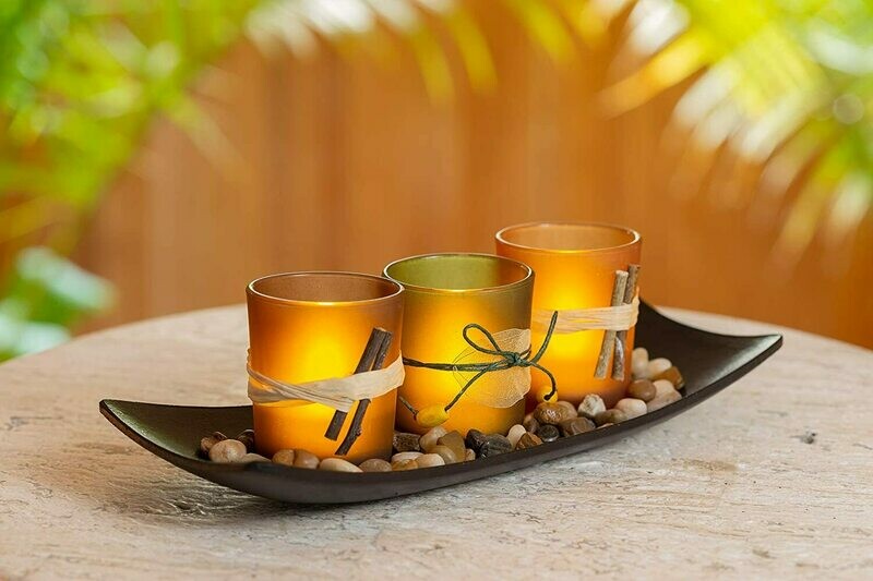Dawhud Direct Natural Candlescape Set, 3 Decorative Candle Holders, Rocks and Tray