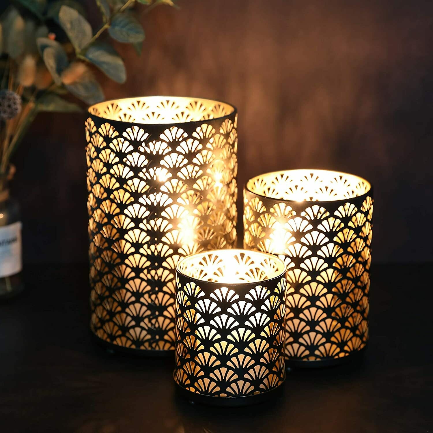 JHY DESIGN Set of 3 Metal Candle Holders Bronze Hurricane Pillar Candleholder