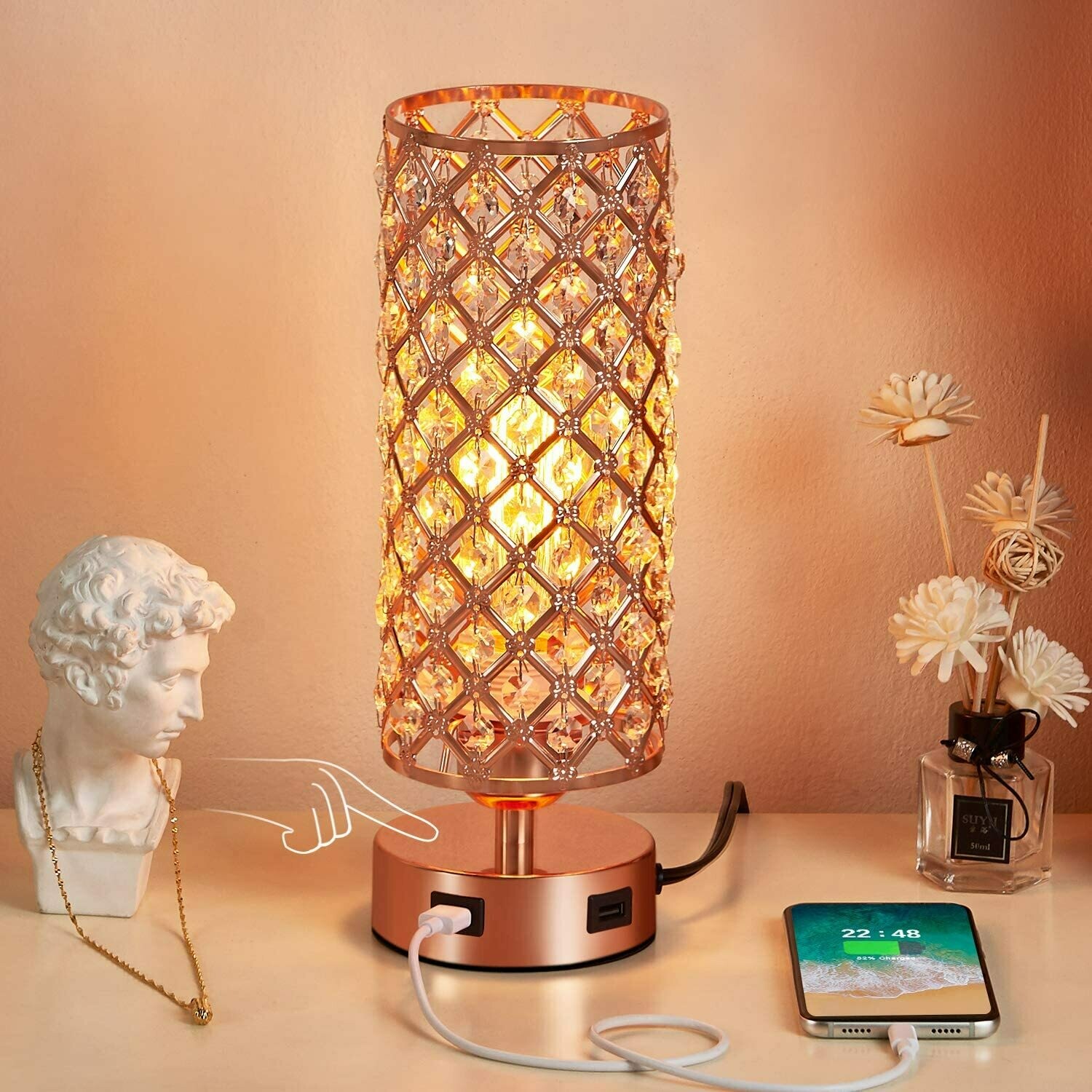 Pink Gold Table Lamp with Dual USB Ports