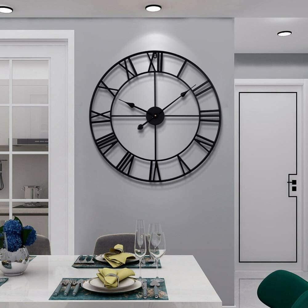 Large Modern Metal Wall Clocks Rustic Round Silent Non Ticking Battery Operated Black Roman Numerals Clock