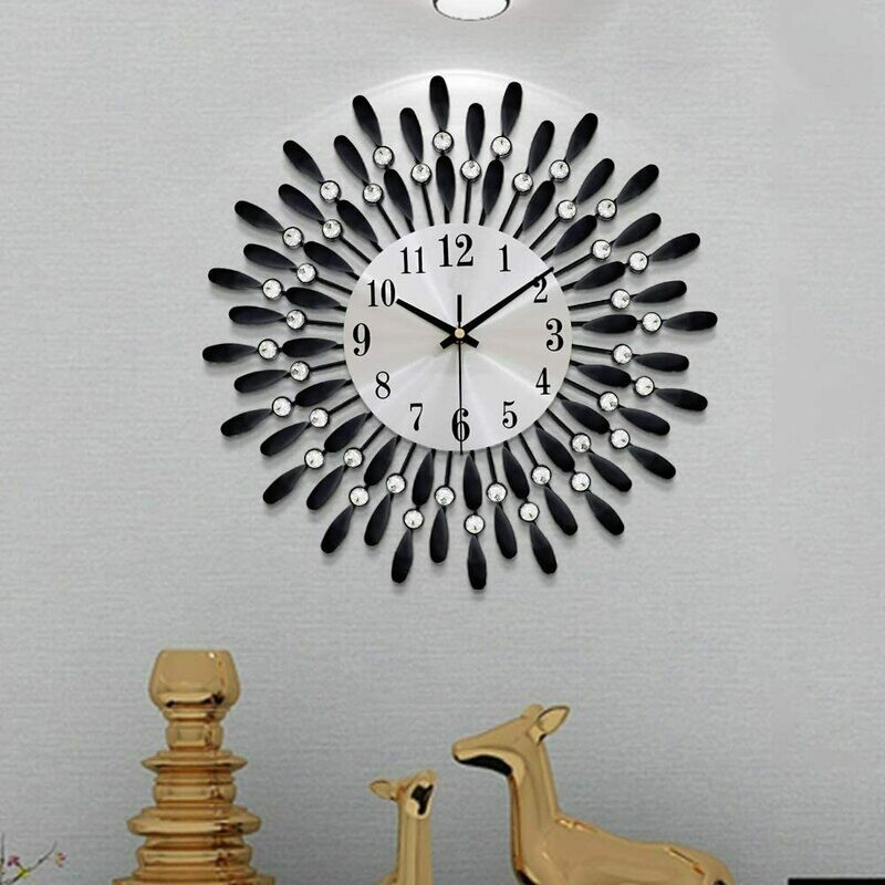 FLEBLE Modern 14 inch Metal Wall Clock Silver Dial with Arabic,Non-Ticking Silent Digital Black Drop Clock