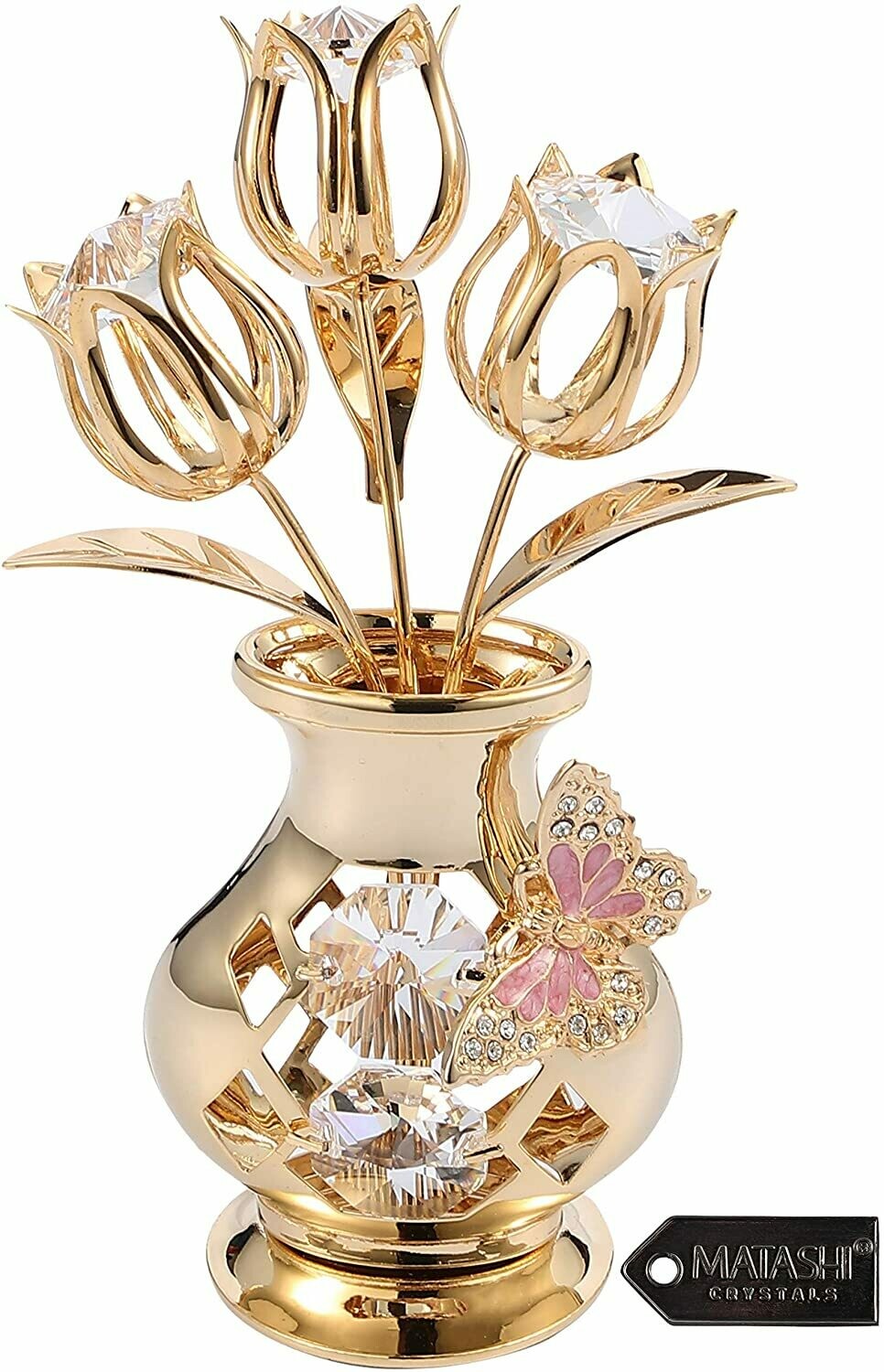 Matashi 24K Gold Plated Crystal Studded Flower Ornament in Vase with Decorative Butterfly Tabletop Ornament