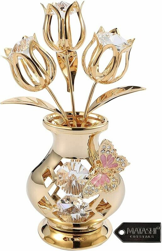 Matashi 24K Gold Plated Crystal Studded Flower Ornament in Vase with Decorative Butterfly Tabletop Ornament