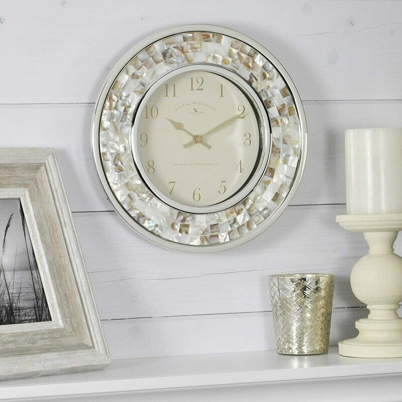 FirsTime &amp; Co. Pearl Mosaic Wall Clock, 10.25&quot;, Natural, Chrome