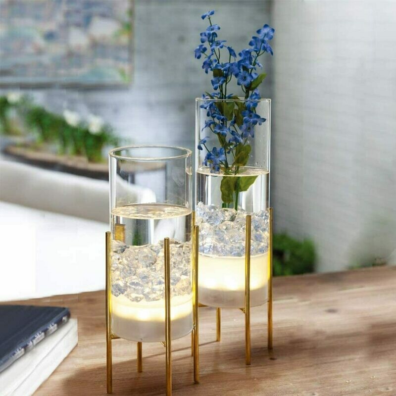 Flower Vase for Decor, Glass Table Vase Set, Clear Vase with Gold Stand, Modern Decorative with Timer LED Lights Battery Operated