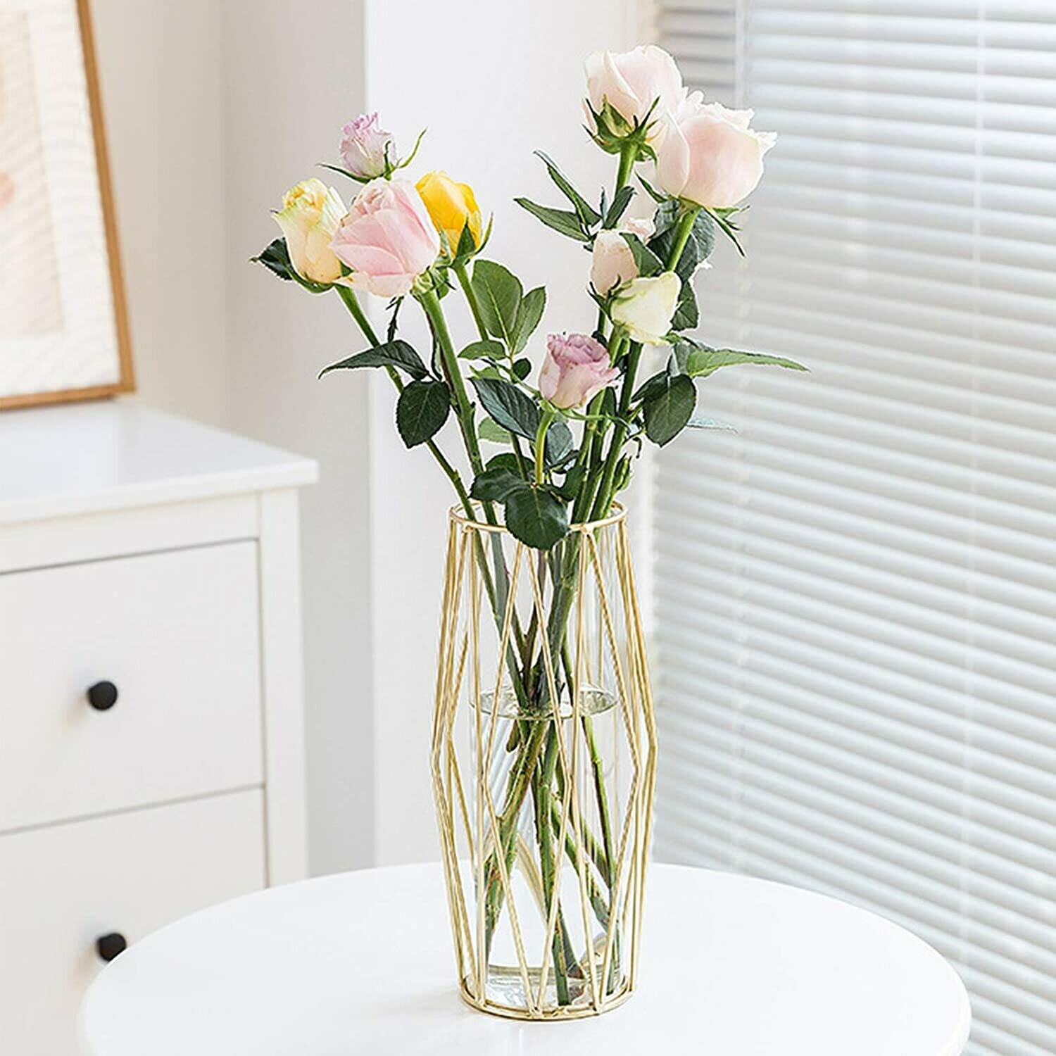 Gelible Geometric Glass Vase with Metal Bracket, Crystal Transparent Inner Vase, Hand-Plated Geometric Metal Vase