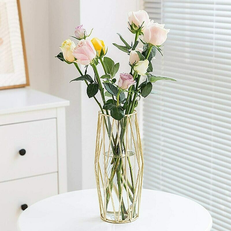 Gelible Geometric Glass Vase with Metal Bracket, Crystal Transparent Inner Vase, Hand-Plated Geometric Metal Vase