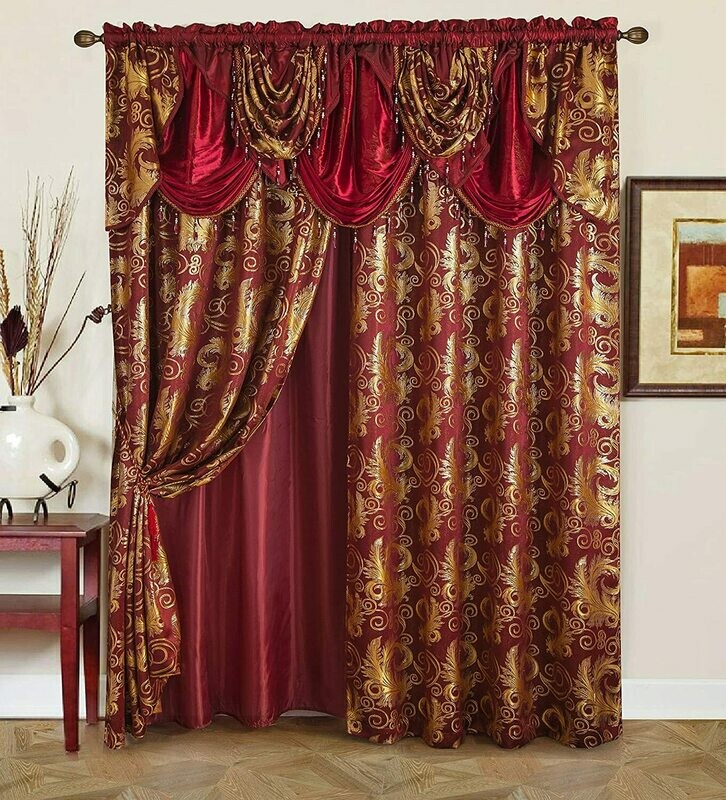 Golden Rugs Jacquard Luxury Curtain Window Panel Set Curtain with Attached Valance and Backing Bedroom Living Room Dining 112&quot;X84&quot; Each Jana Collection