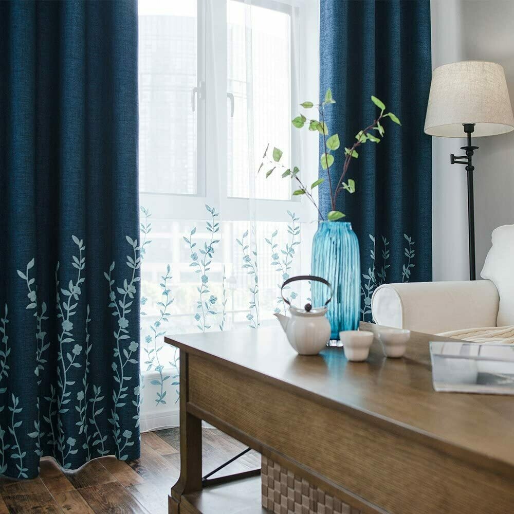Melodieux Flower Embroidery Faux Linen Blackout Curtains for Living Room Bedroom Noise-Free Grommet Window Drape (1 Panel)