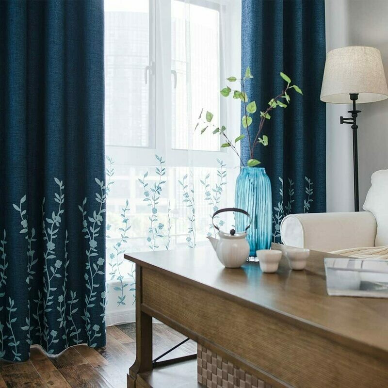 Melodieux Flower Embroidery Faux Linen Blackout Curtains for Living Room Bedroom Noise-Free Grommet Window Drape (1 Panel)