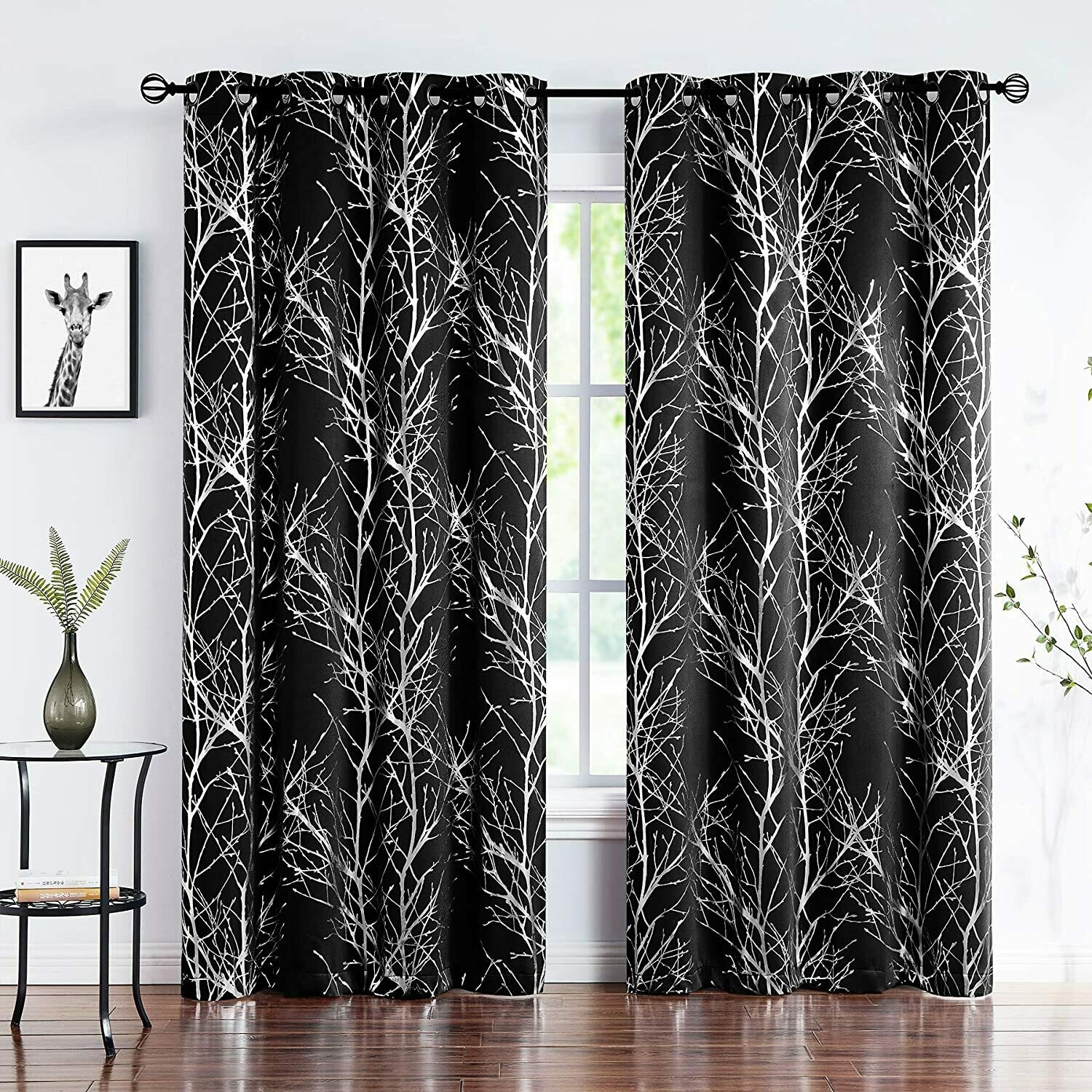 Fmfunctex Silver Tree Blue Blackout Curtains 63 inches for Living Room Bedroom Metallic Branch Print Window Panels Thermal Insulated Drapes for Guest Room Hotel Grommet Top Navy 2 Pack