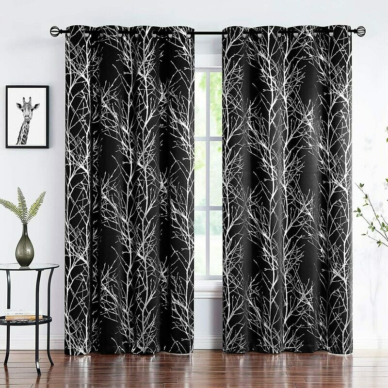 Fmfunctex Silver Tree Blue Blackout Curtains 63 inches for Living Room Bedroom Metallic Branch Print Window Panels Thermal Insulated Drapes for Guest Room Hotel Grommet Top Navy 2 Pack